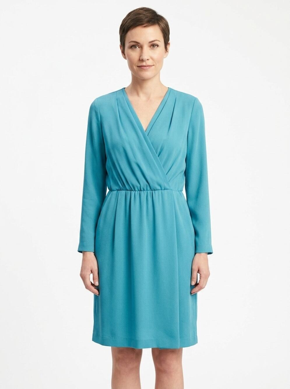 Banana Republic Teal Blue Faux Wrap V-Neck Long Sleeve Dress Women Size 2